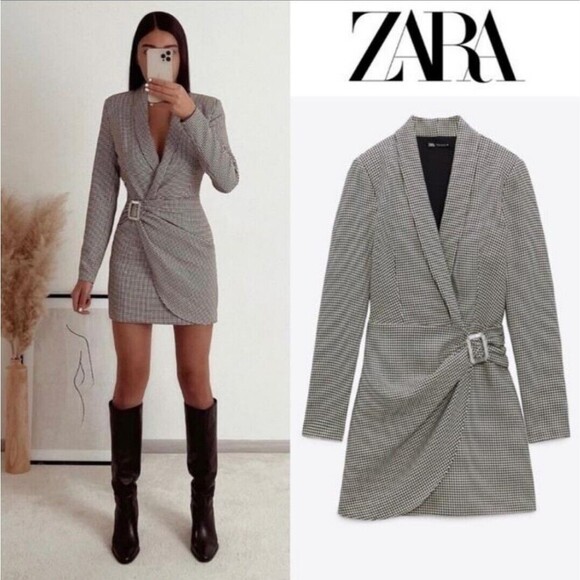 ZARA Back and White Houndstooth BLAZER Wrap DRESS  9320/717 Size Medium - Picture 1 of 12